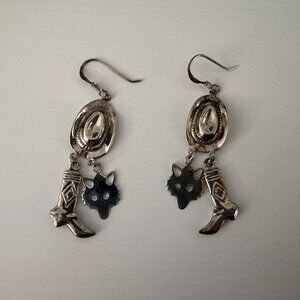 925 Silver Cowboy Hat and Coyote and Boot Drop Earrings